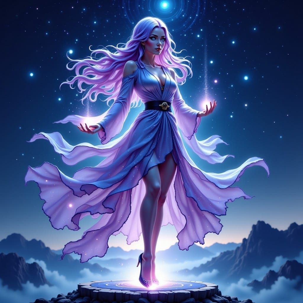 Elegant Mage Controls Starlight Magic in Digital Drawing