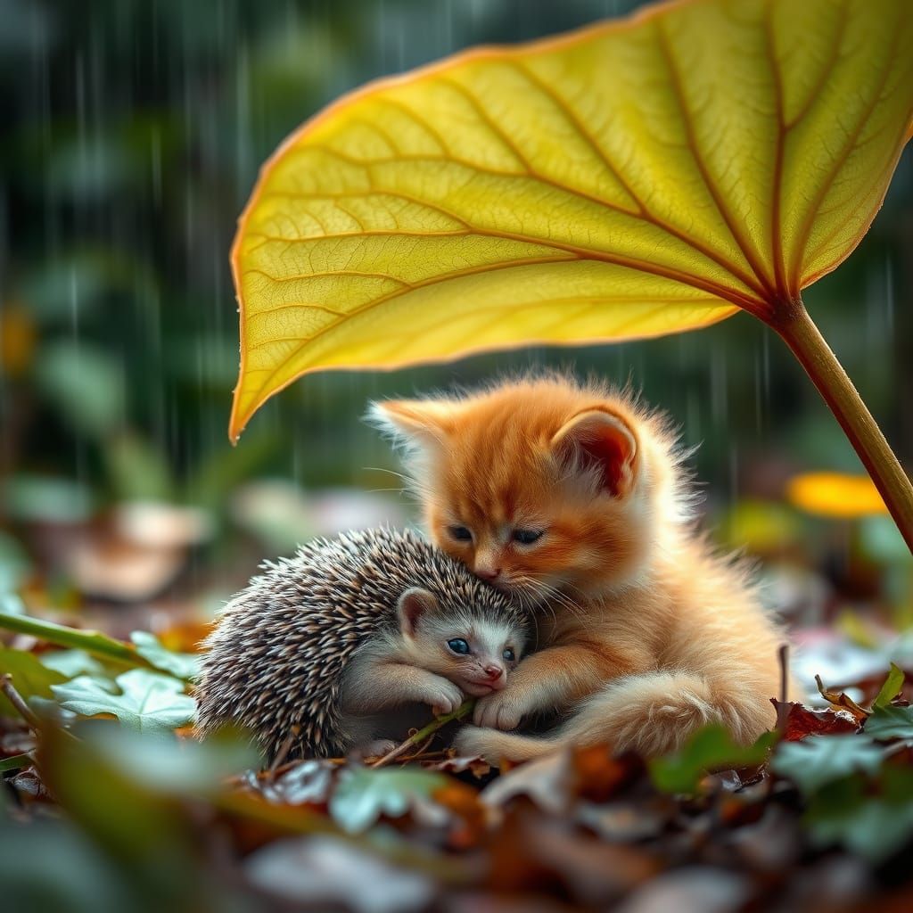 Golden Kitten and Hedgehog Snuggle Under Luminous Leaf