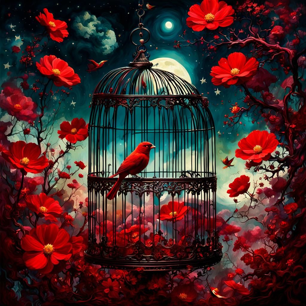 Crimson Cosmos: Vintage Oil Painting in Glass Cage