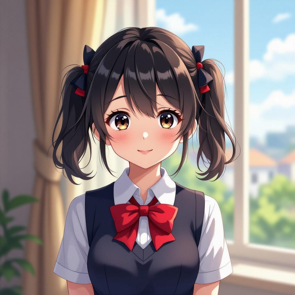 Cute Anime Girl in School Uniform with Pigtails
