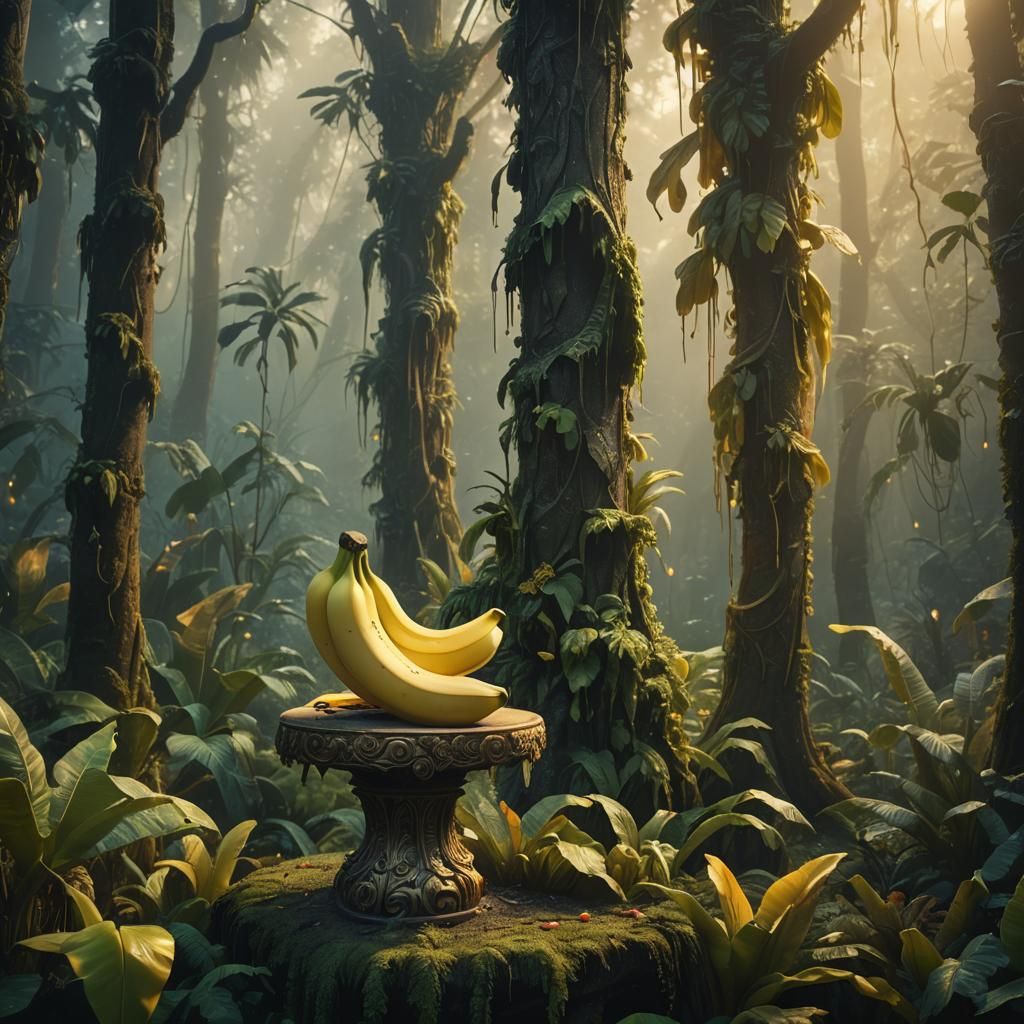 Banana on Pedestal in Mystical Forest: Digital Art