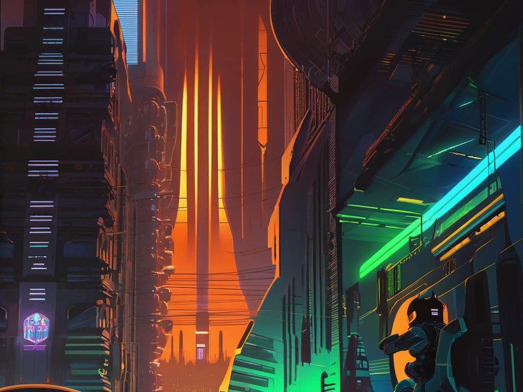 Futuristic Metropolis of Humans and Robots in Cyberpunk Styl...
