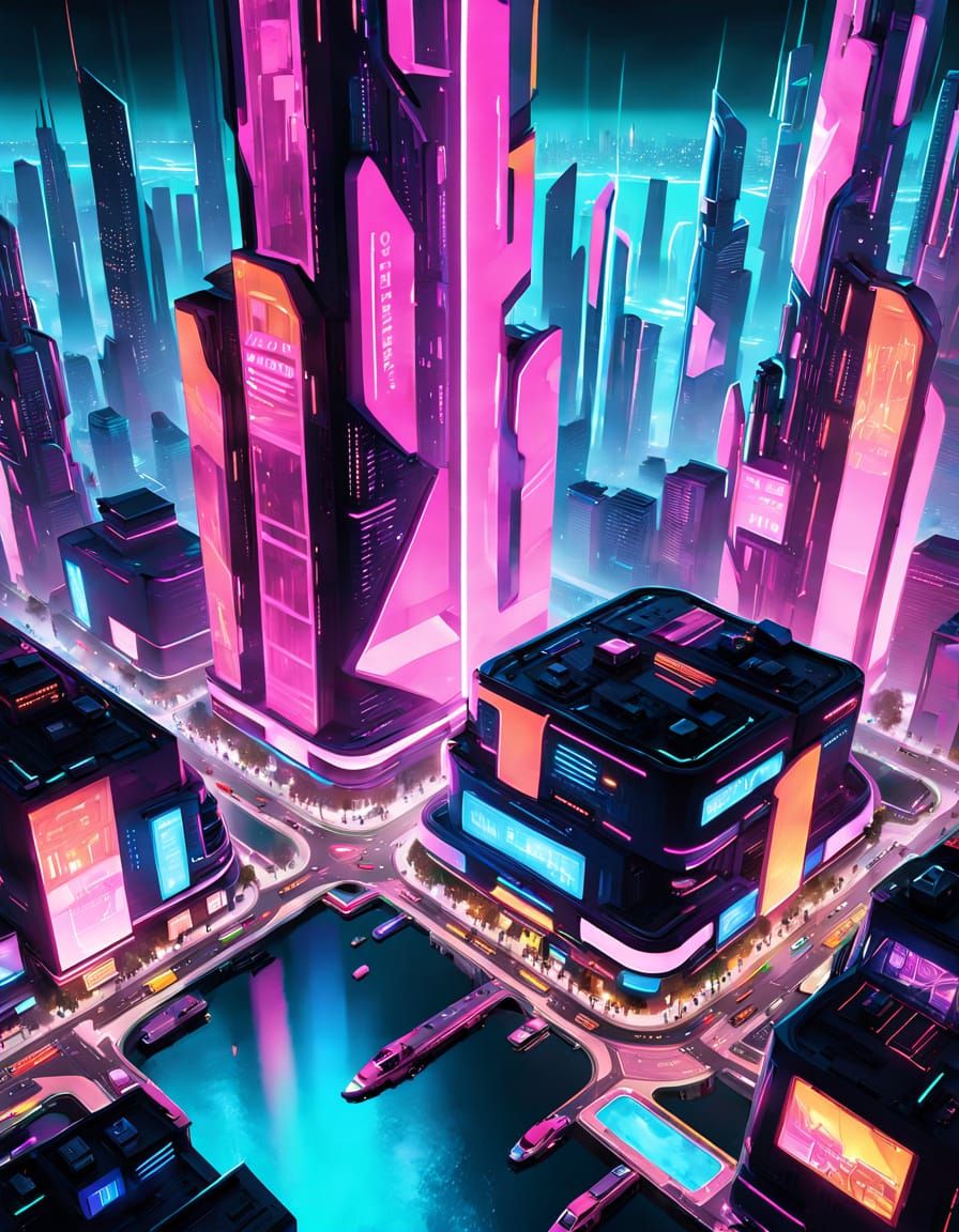 Vibrant Futuristic Cityscape at Night in Cyberpunk Style