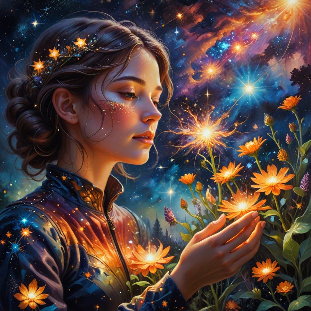 Cosmic Gardener Tends to Stars: Surreal Oil Painting