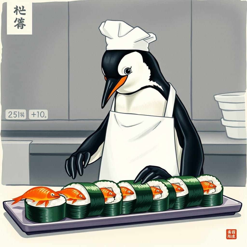 Whimsical Penguin Sushi Masterpiece in Traditional Japanese...