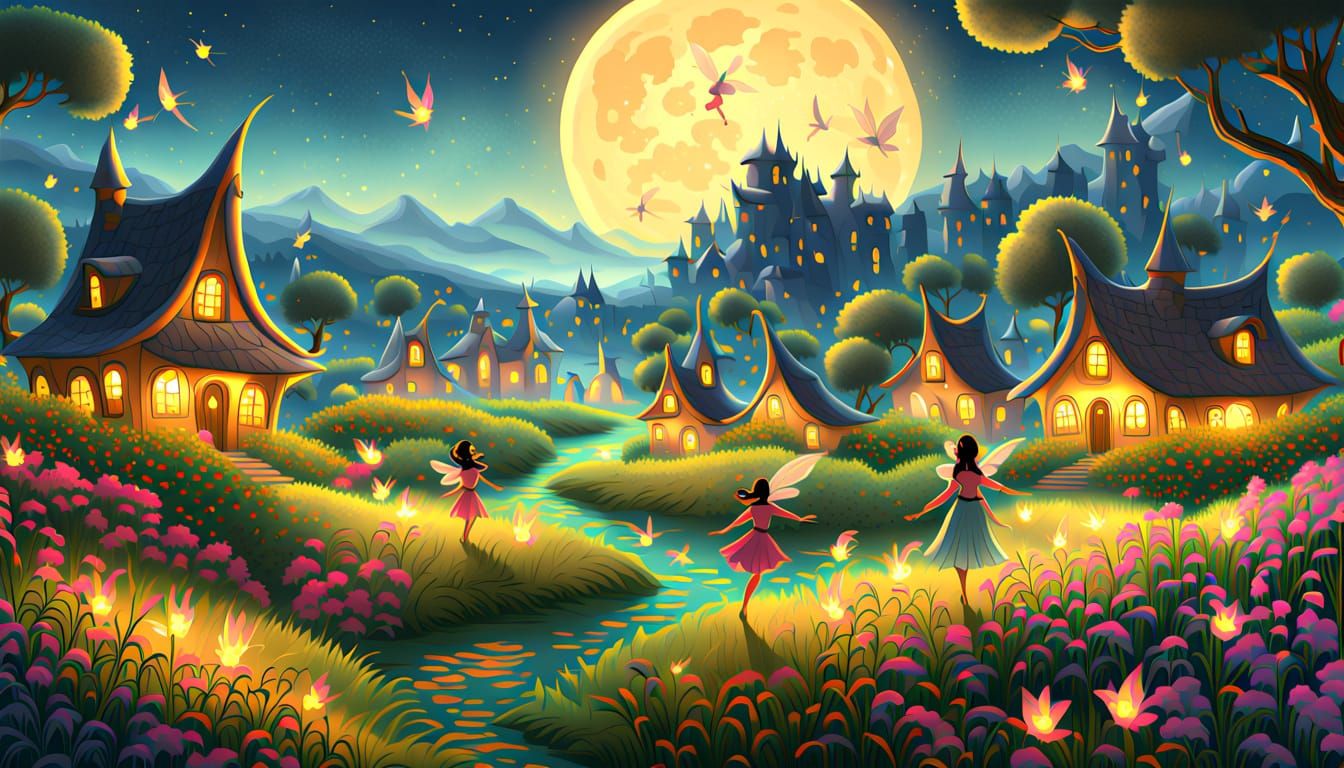 Fairies Dance in Moonlit Meadow Near Village