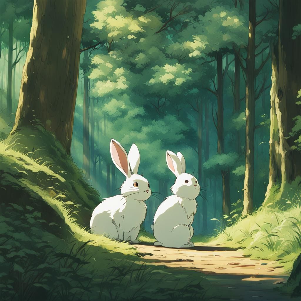 Two Cute Bunnies in Forest, Studio Ghibli Style