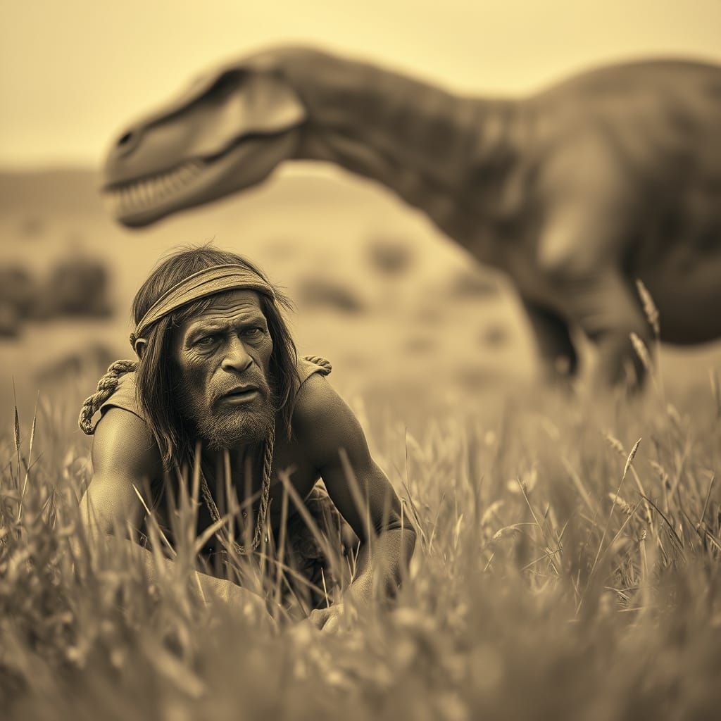 Neanderthal Hunter in Jurassic Landscape, Sepia Photograph