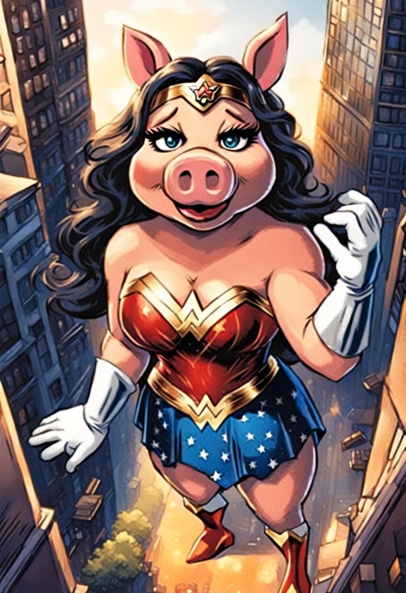 Kaiju Miss Piggy as Wonder Woman Comic Art