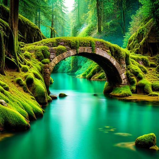 Mossy Stone Bridge in Surreal Landscape
