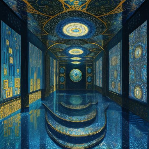 Surreal Dream: Shadows in Shimmering Abyss, Klimt Style