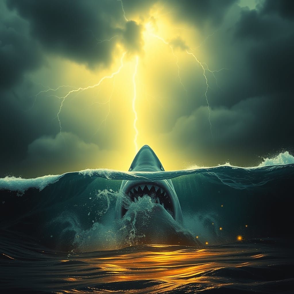 White Shark in Golden Light, Thunderstorm, Cinematic Style