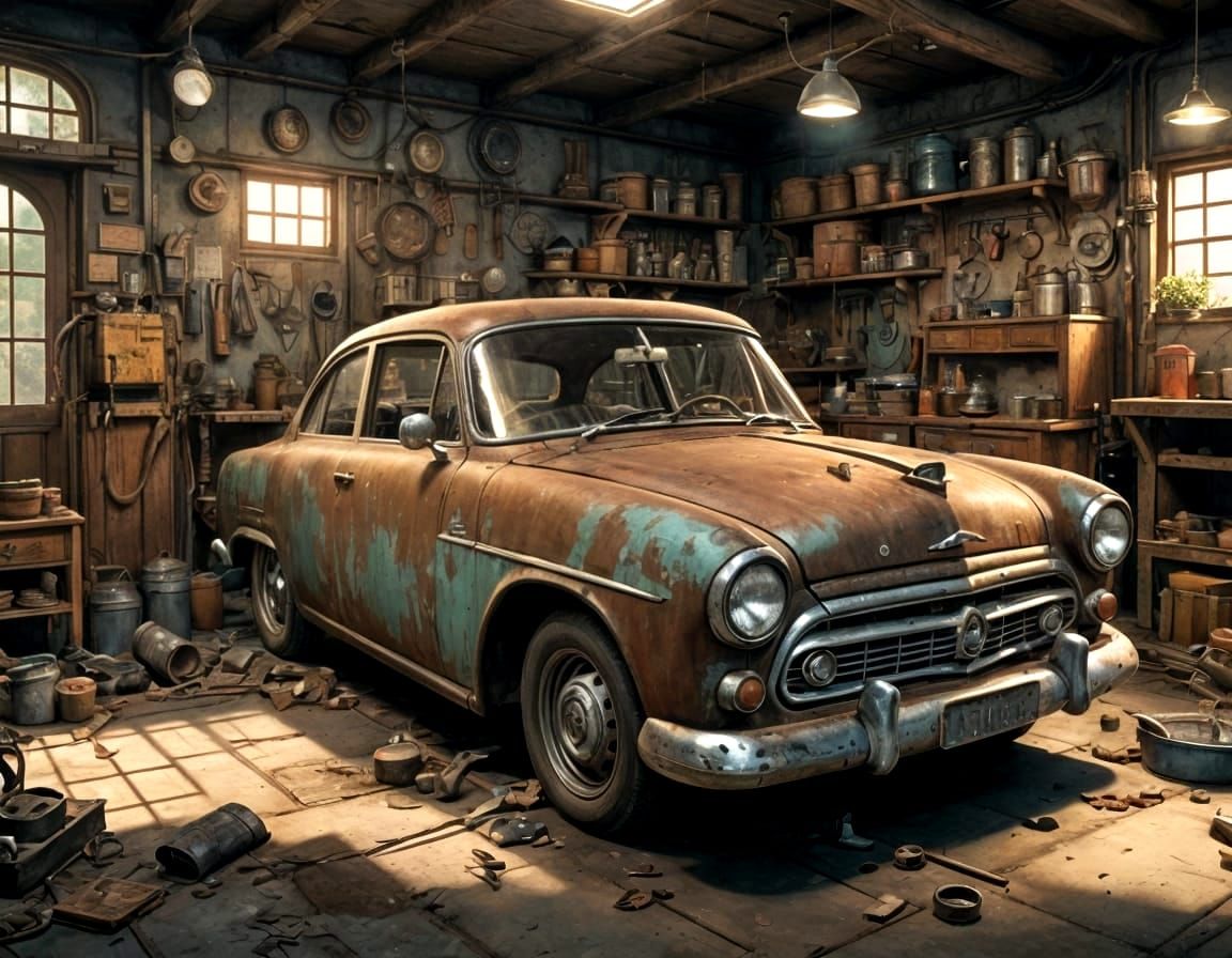 Studio Ghibli Style Garage Scene with Rusty Car