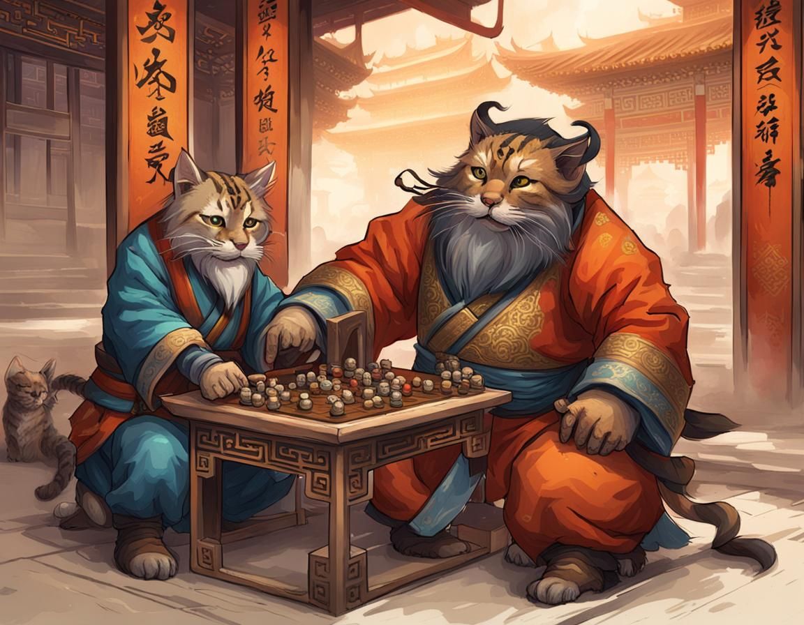 Tabaxi and Dwarf Play Go in Chinese Palace