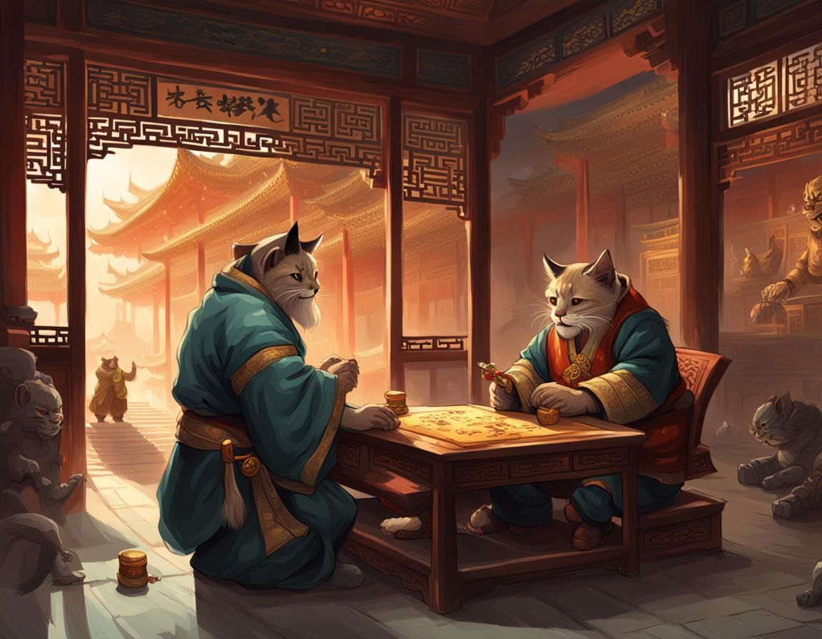 Tabaxi and Dwarf Play Go in Chinese Palace