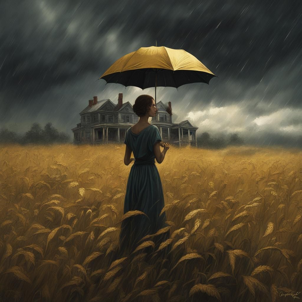 Woman with Gold Umbrella in Ominous Landscape