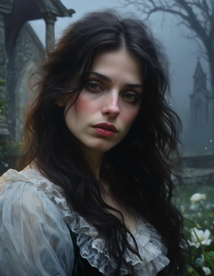 Renaissance Woman in Ethereal Garden: Chiaroscuro Oil Portra...