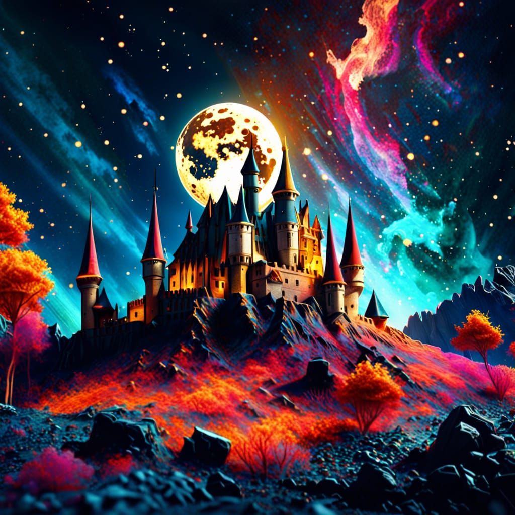Medieval Castle on the Moon with Nebulae