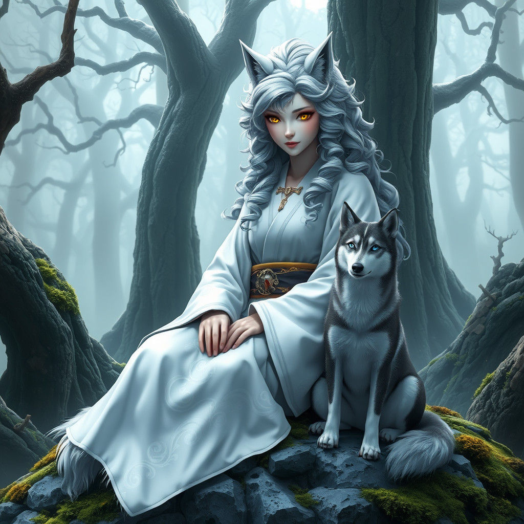 Werewolf and Husky in Misty Forest, Anime Art