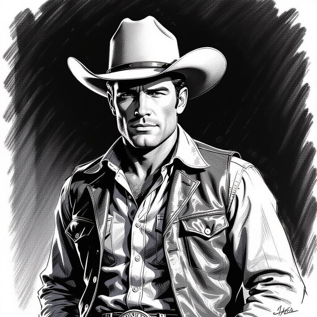 1950s Cowboy Sketch in Classic Black and White Style
