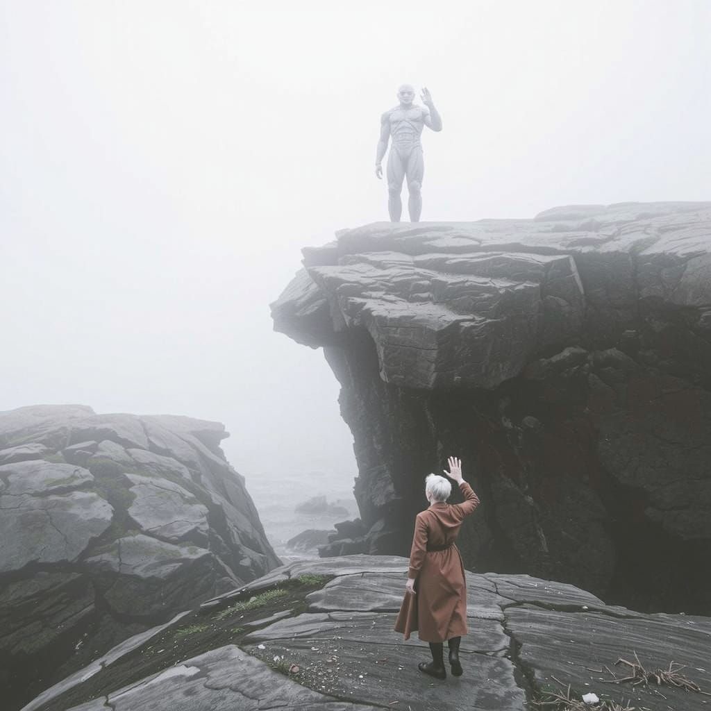 Giant on Cliffside in Retro-Futuristic Style