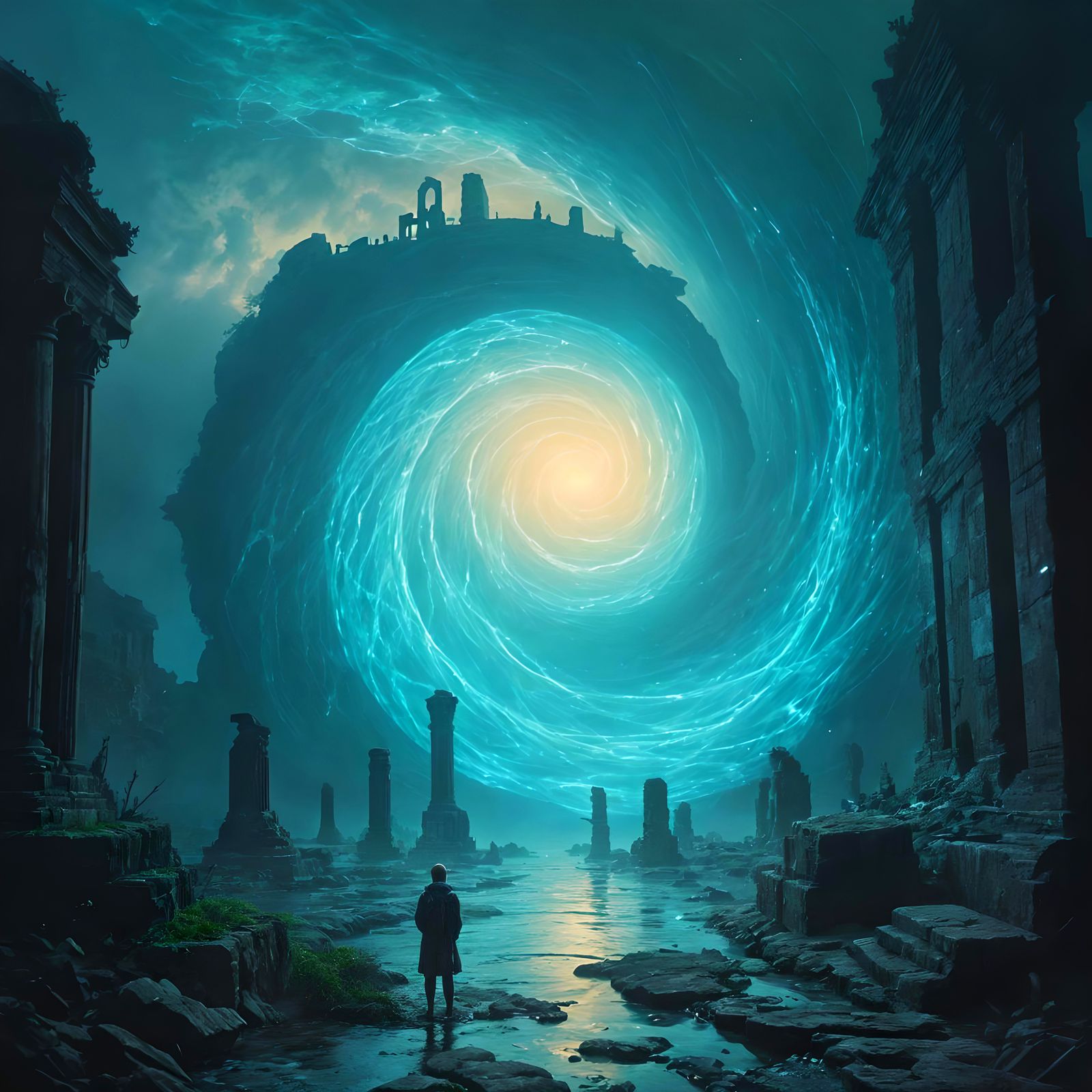 Iridescent Vortex Descending into Bioluminescent Ruins