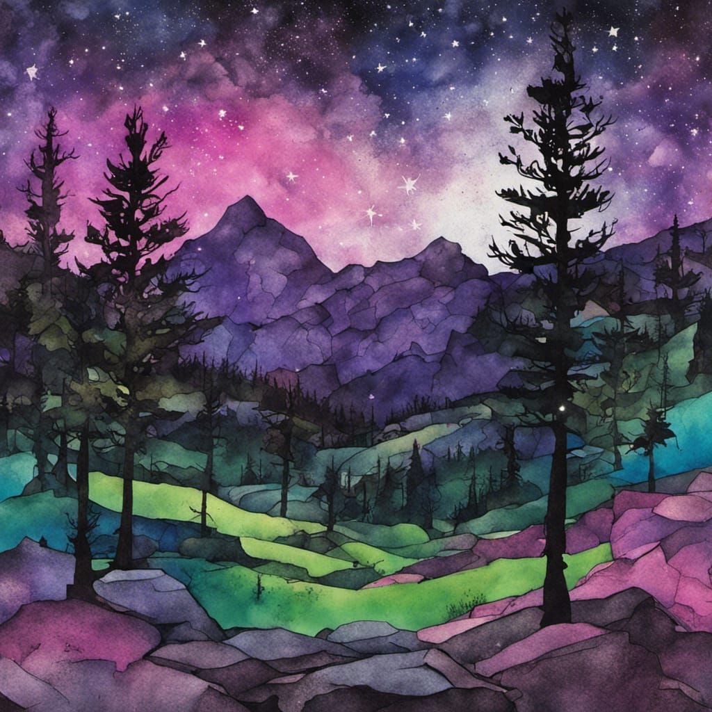 Aurora Borealis Over Forest in Paper Collage Style