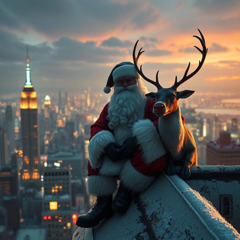 Santa Claus and Rudolph in Triadic Color NYC Rooftop Scene