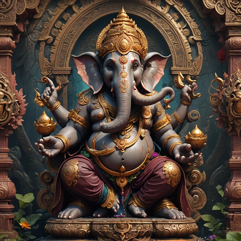 Detailed Matte Painting of Ganesha in Deep Color