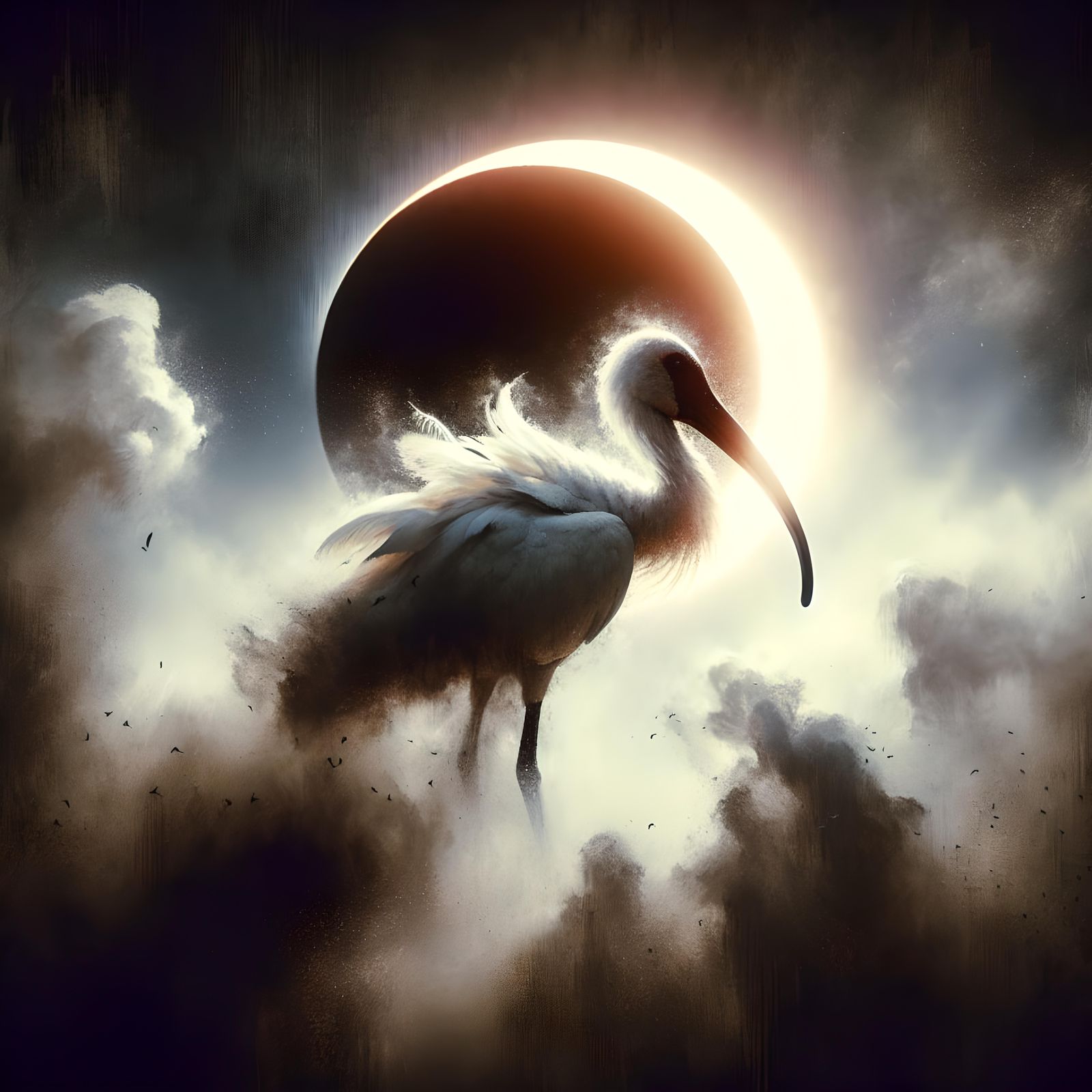 Ibis in Solar Eclipse: Medieval Oil Painting