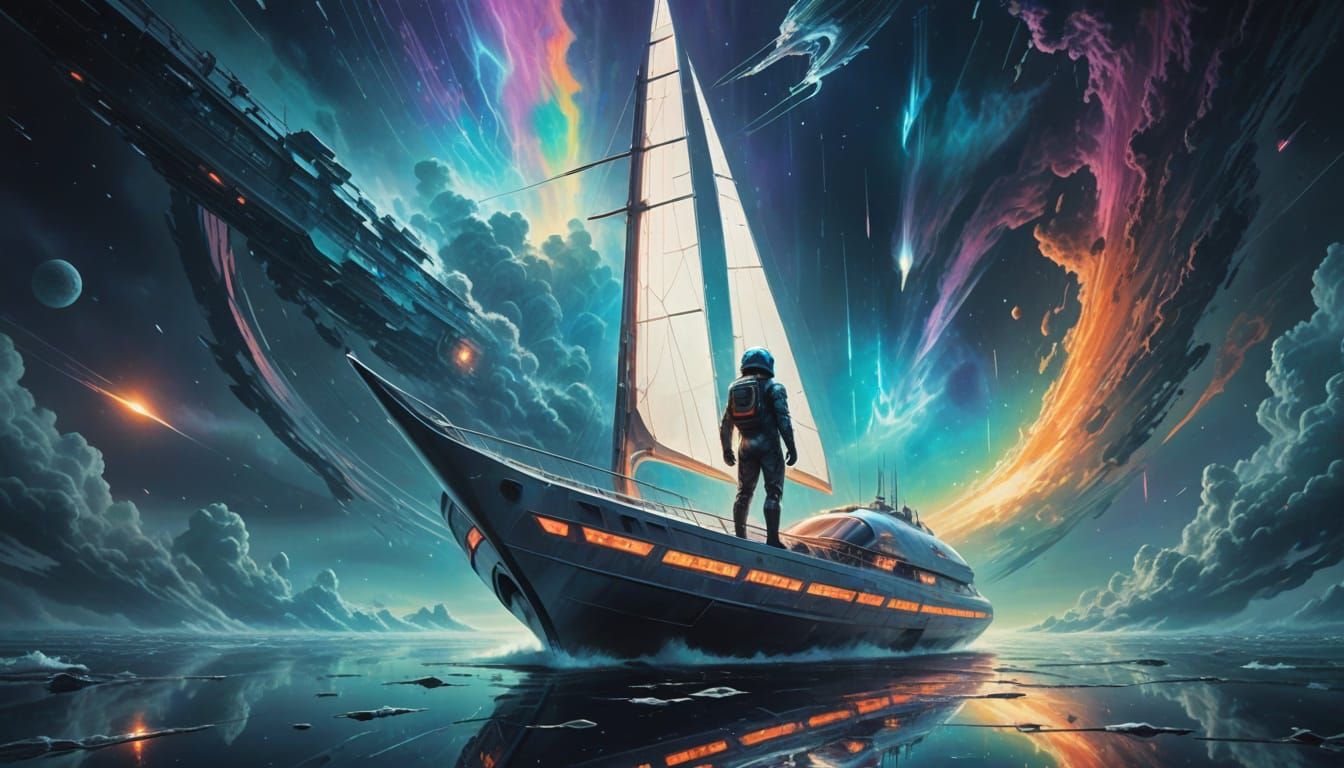 Neo-Futurist Spaceman Navigating Cosmic Storm