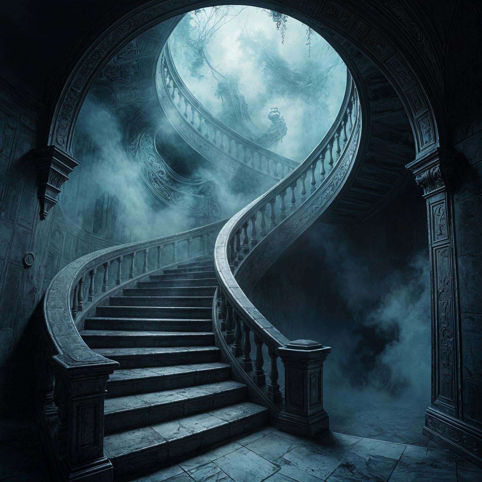 Surreal Staircase in Dreamlike Void, Dark Fantasy Art