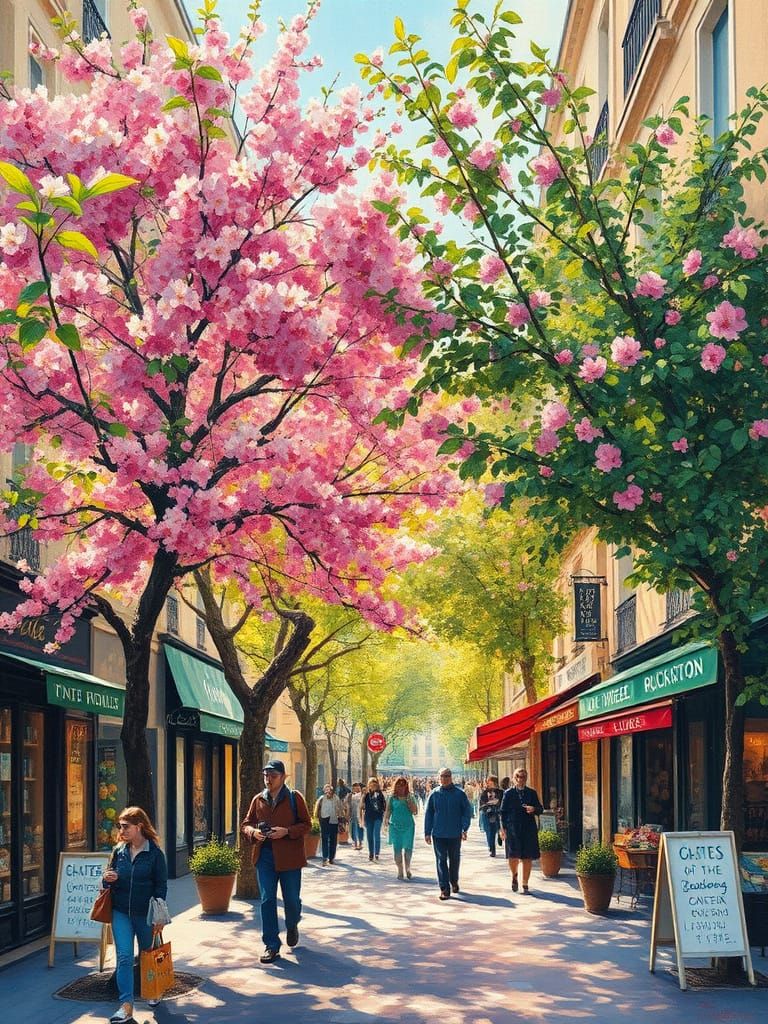 Parisian Shopping Street in Spring: Impressionistic Watercol...