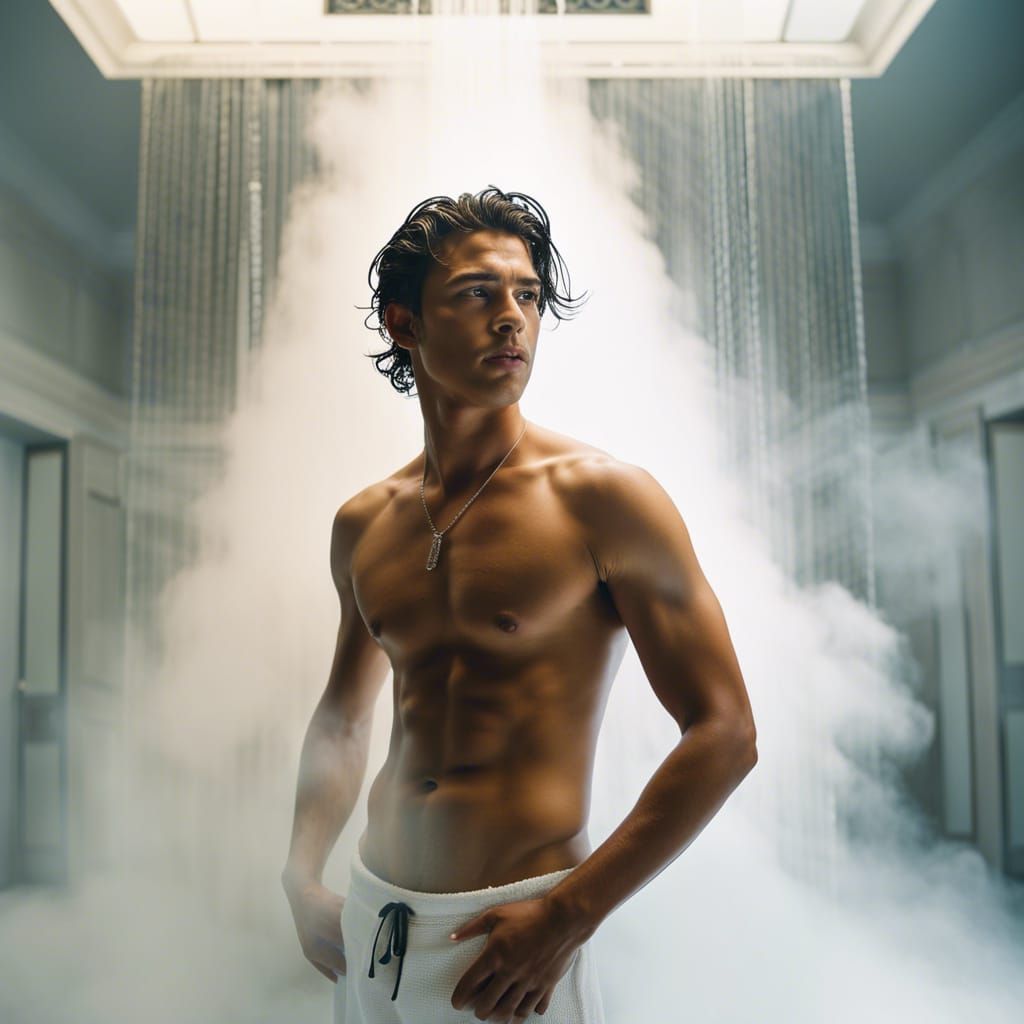 Hyperrealistic Photo of a Shirtless Man in Shower