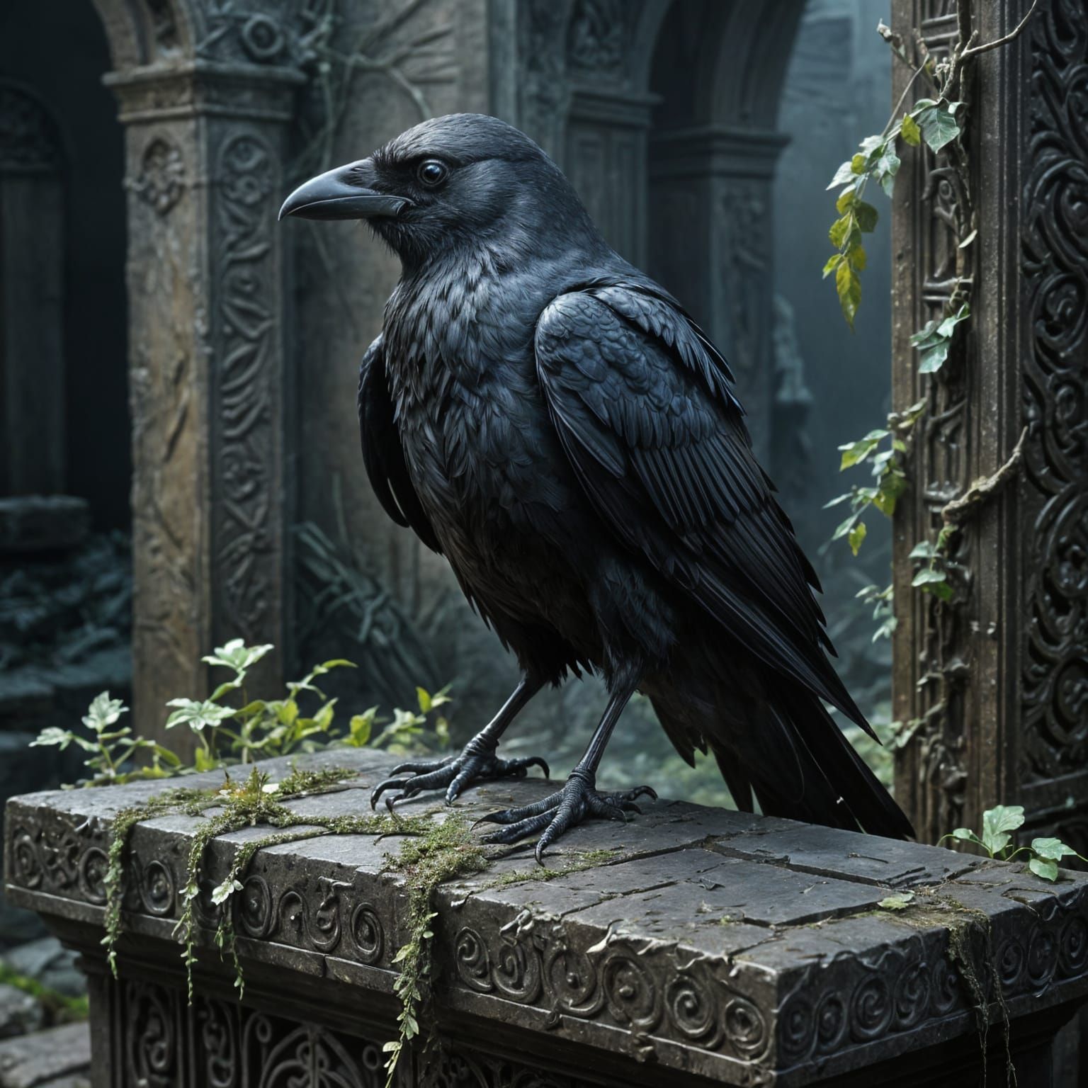 Dark Fantasy Crow on Ancient Altar in Twilight City