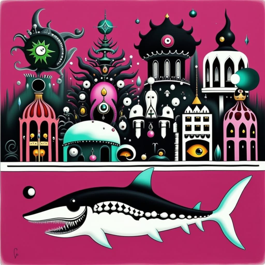 Stylized Shark Swims Through Pop Art Cityscape