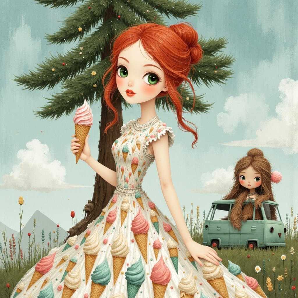 Woman with Fiery Red Hair and Ice Cream