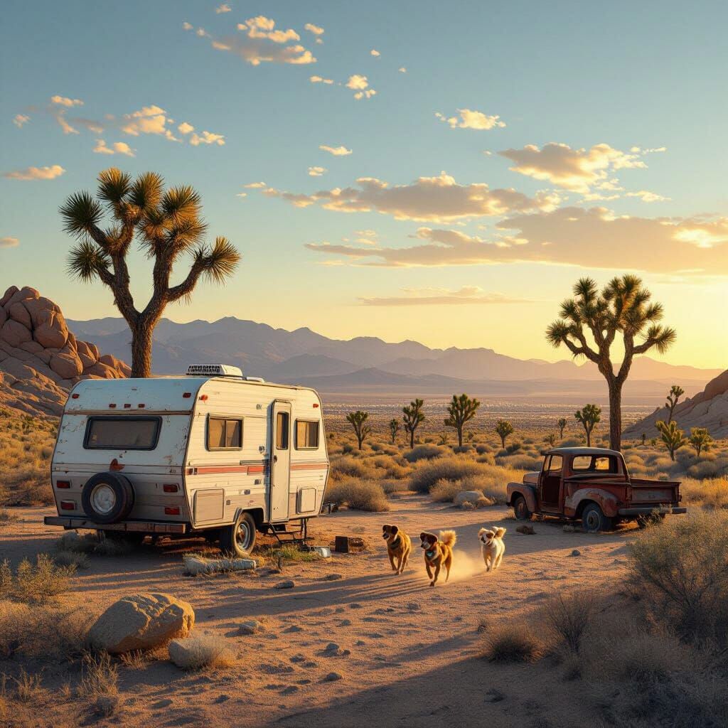Solitary RV in Mojave Desert with Joshua Trees and Rocks