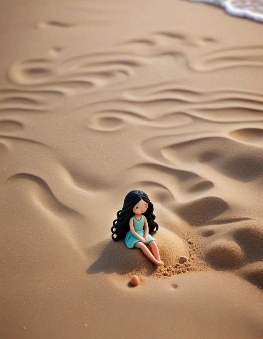 Miniature Clay Girl on Beach in Claymation Style
