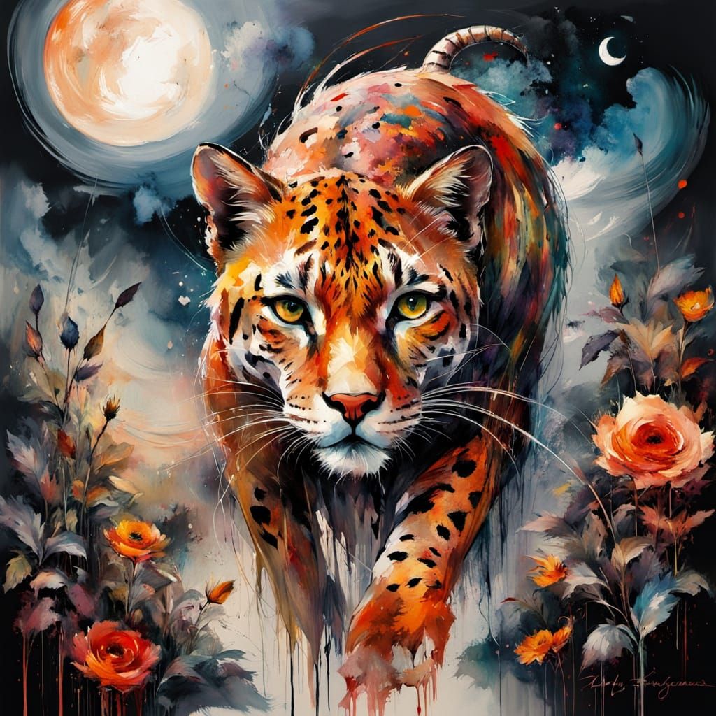 Mystic Jaguar in Moonlit Jungle, Stylized Watercolour