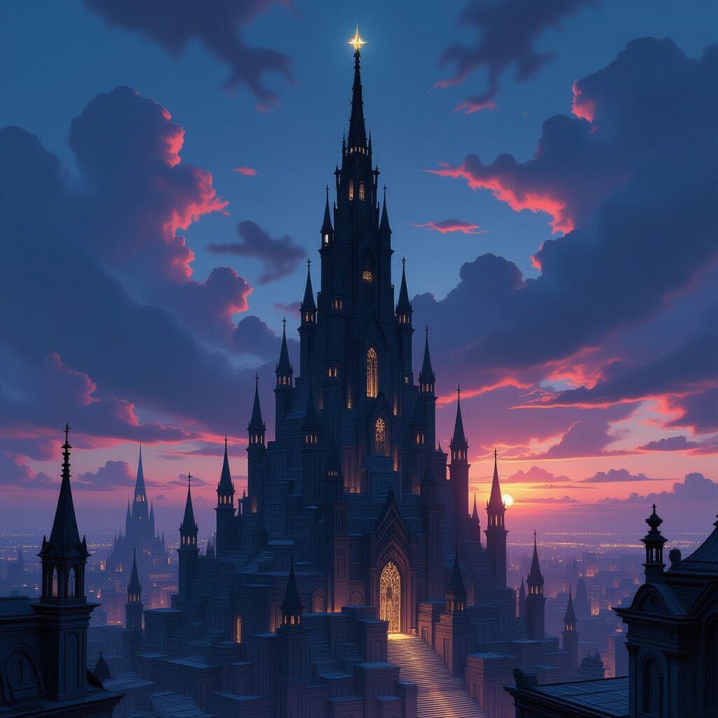 Gothic Obsidian Spire Over Banknote City in Surreal Dreamsca...