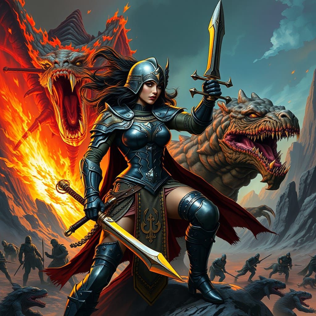 Armored Warrior Battles Dragon in Frazetta Style