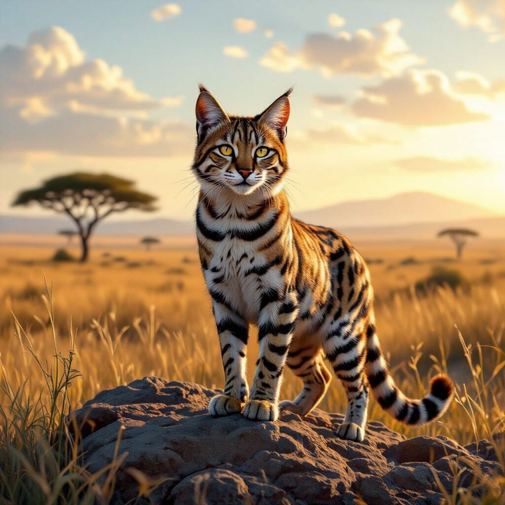 Wild Cat Overlooking Savanna in Hyperrealistic Style