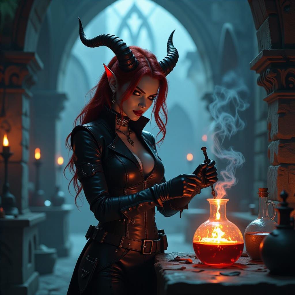 Tiefling Alchemist in Shadowy Gothic Arcade