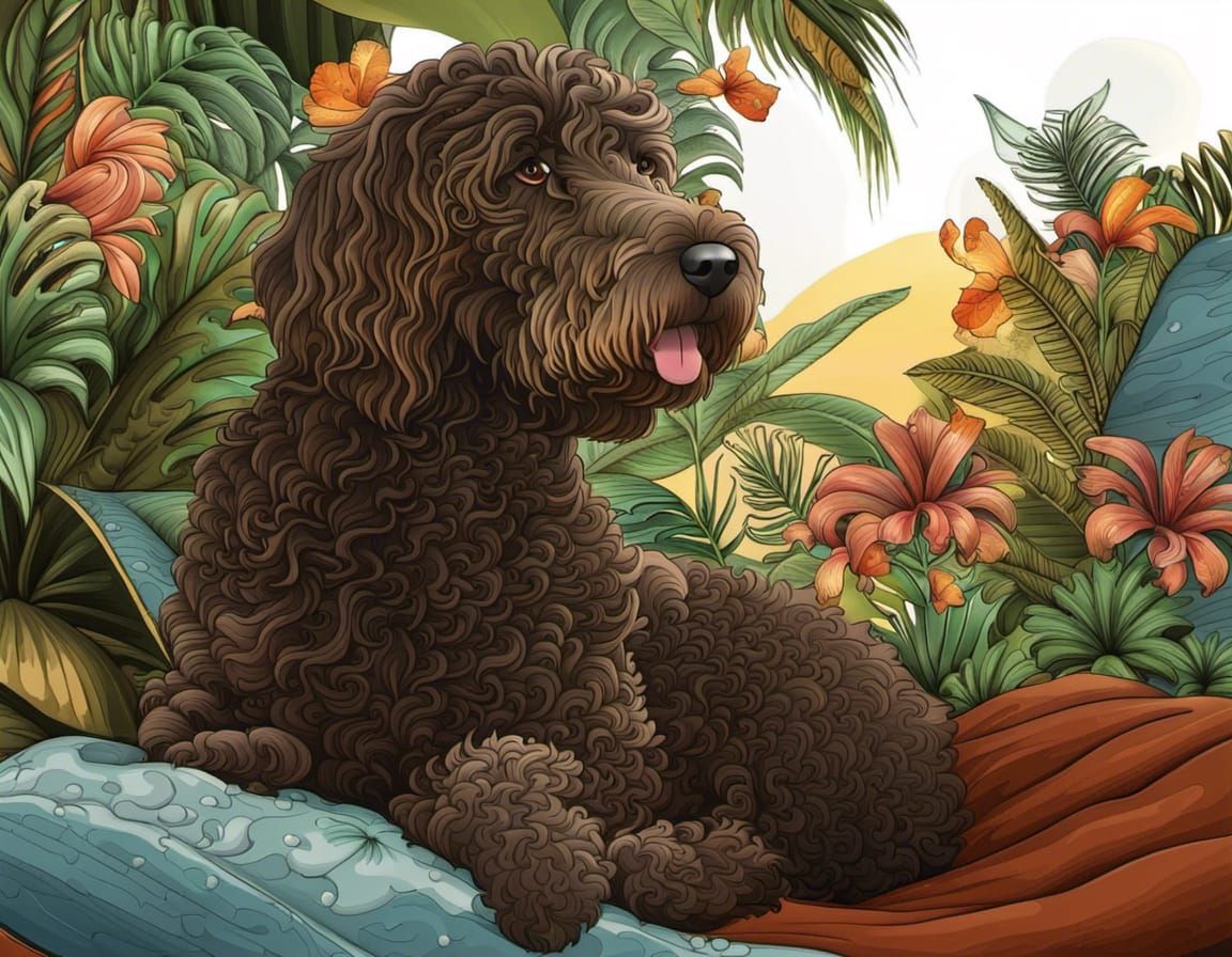 Labradoodle Lounging with Tropical Plants in 3D