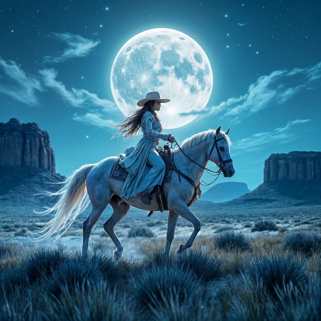 Ethereal Cowgirl Rides Phantom Horse Under Moonlight
