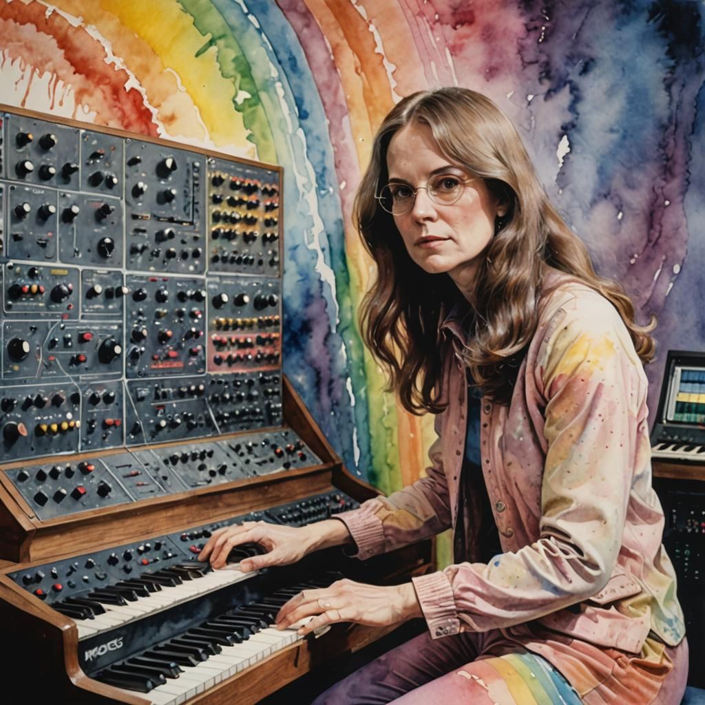 Wendy Carlos and Rainbow Moog Synthesizer in Watercolor