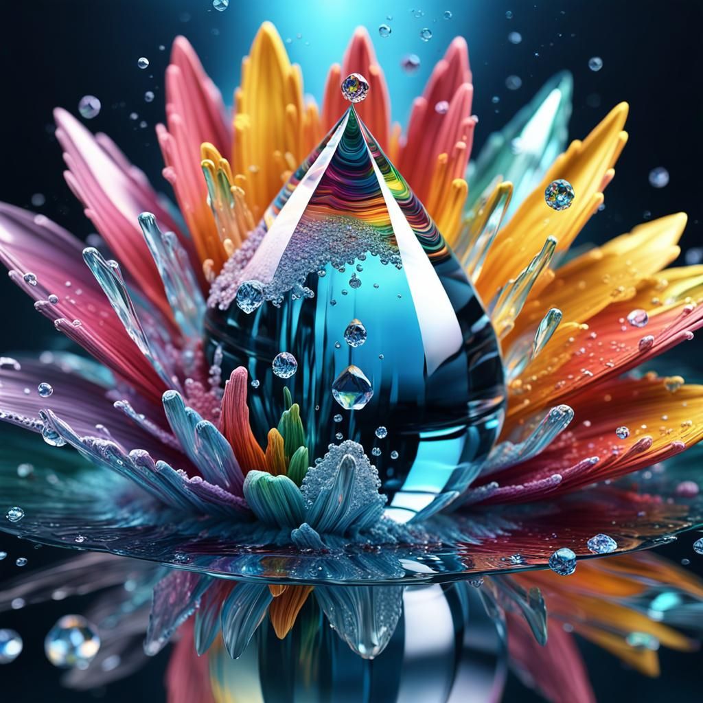 Crystallized Water Drop Reflecting a Magical Flower
