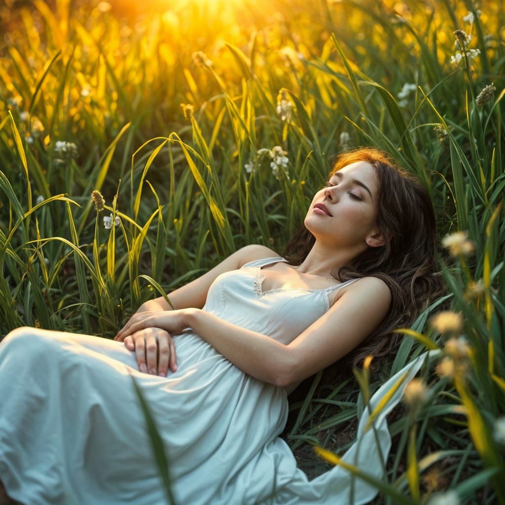 Woman Sleeping in Forest Surrounded by Glowing Grass