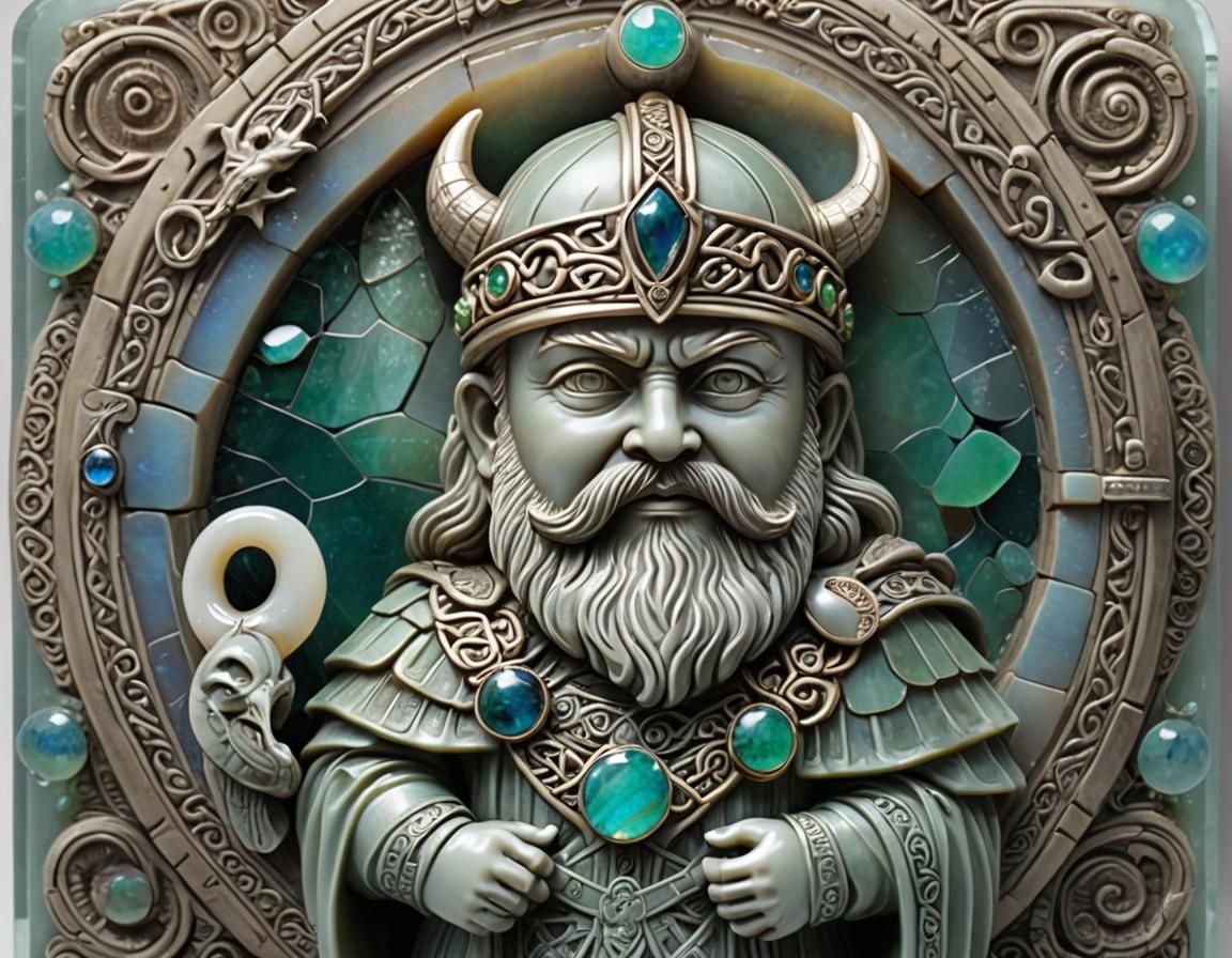 Celtic Bas-Relief: Chibi Viking King in Opal Jade